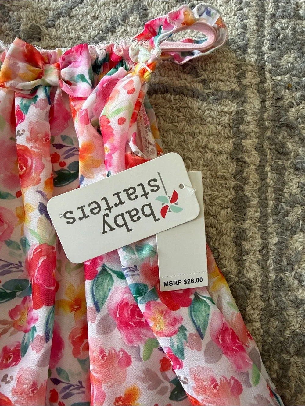Baby Starters Pink Floral Dress with Matching Pink Bow Headband